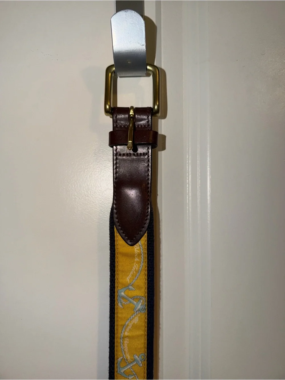 Vineyard Vines Yellow and Brown Anchors Embroidered Canvas Belt